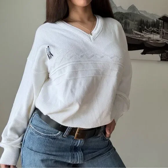 90s vintage white neck embroidered minimalist jumper - Picture 1 of 8